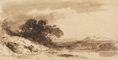 River Landscape With Two Figures Lake And Distant Mountains