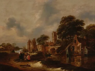 River Landscape With Village Walls And Figures Conversing In The Foreground