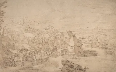 River Landscape With Wagons On A Road Near A Village