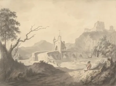 River Scene And Bridge With Artist Sketching In Foreground