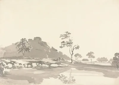 River Scene With A Fort On A Hill In The Middle Distance