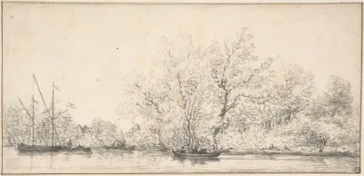 River Scene With Boats Before A Densely Wooded Bank