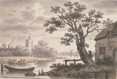 River Scene With Church Cottage And Windmill