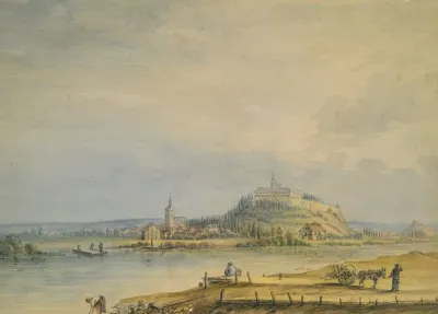 River Scene With Town Castle On Hill And Laboring Peasants