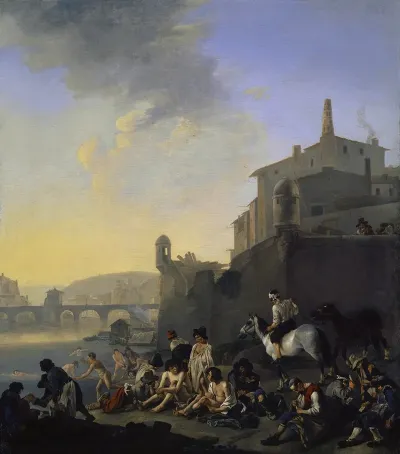 River With Bathing Gypsies Near An Italian Town