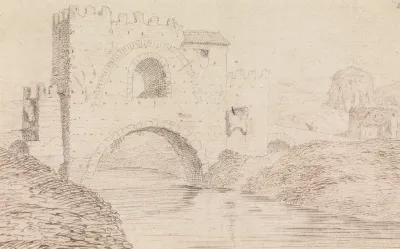 River With Stone Covered Bridge And Arched Window