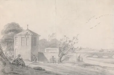 Riverside Scene With Figures Hexagonal Building Left And Horse Drawn Wagon Crossing Bridge At Right