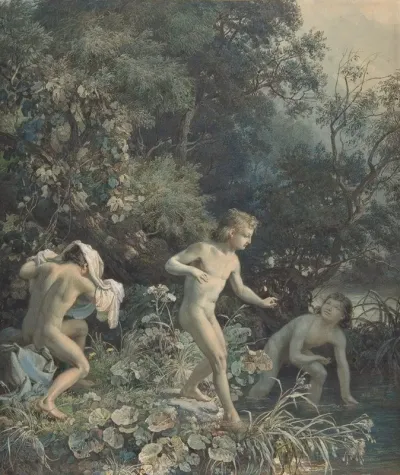 Riverside With Three Bathing Boys