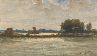 Riviergezicht Bij Sliedrecht Met Zeilschip