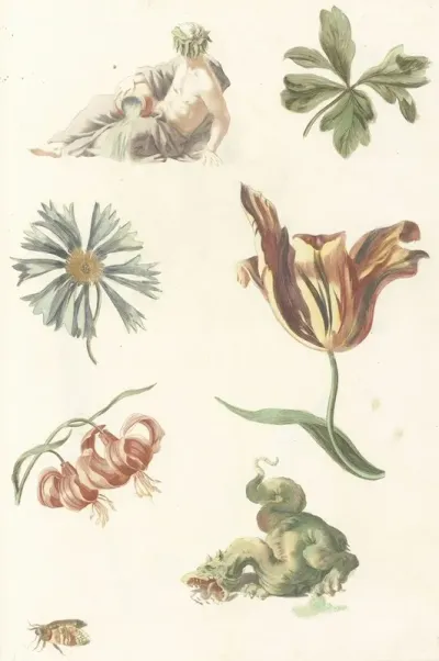 Riviergod Een Draak En Vier Bloemen