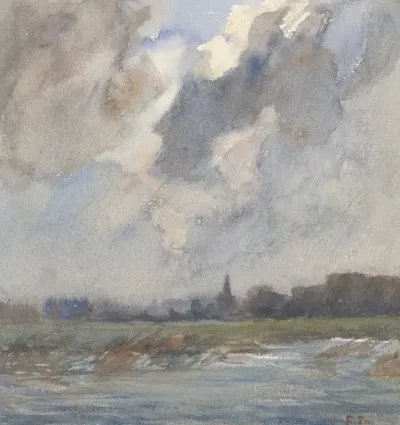 Rivierlandschap Met Kerktoren Bij Storm