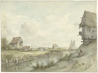 Rivierlandschap Met Schetsende Tekenaar Tussen Hutjes