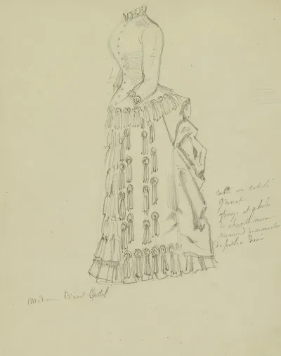 Robe A Tournure A Col Haut Avec Rangs De Volants Et Pompons Sur La Jupe Esquisse De Robe A Tournure Avec Pompons