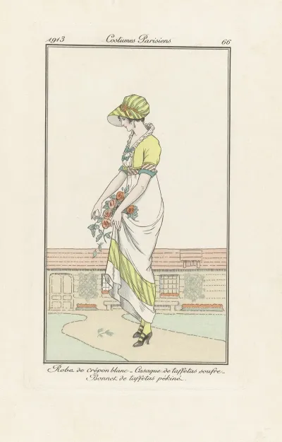 Robe De Crepon Blanc Casaque De Taffetas Soufre Bonnet De Taffetas Pekine