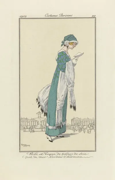 Robe De Promenade En Sarah A Damiers Et Taffetas Peint A La Main Bordee De Velours Noir