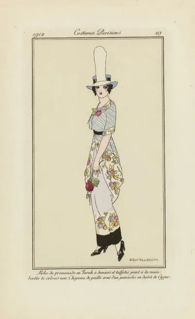 Robe De Promenade En Sarah A Damiers Et Taffetas Peint A La Main