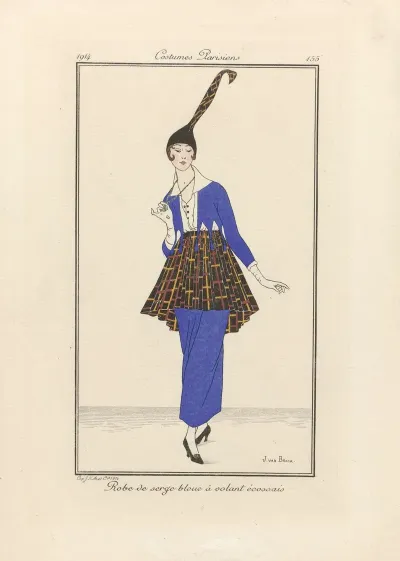 Robe De Serge Bleue A Volant Ecossais