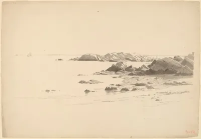 Rocklined Beach With Distant Boats