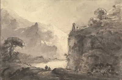 Rocky Landscape With Two Figures On A Path In The Center
