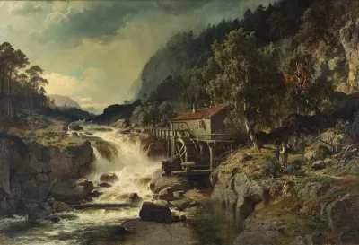 Rocky Landscape With Waterfall And Watermill Smaland