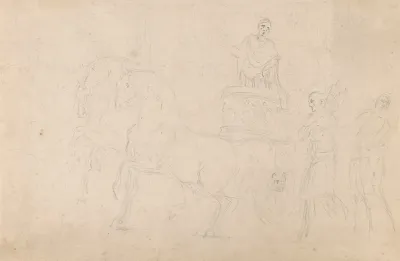 Roman Chariot Drawn By Three Horses With Charioteer And Other Figures