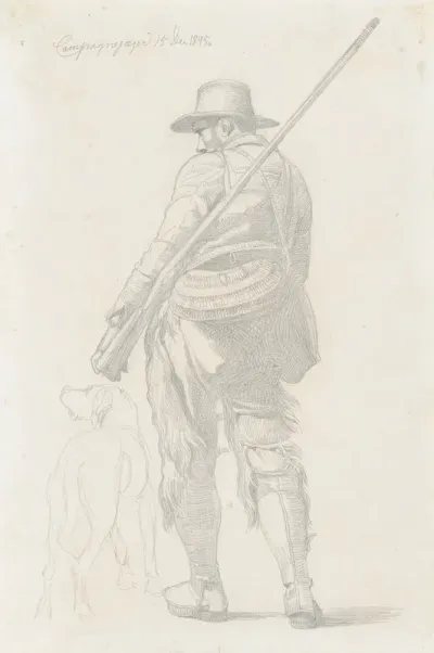 Roman Hunter With His Dog Seen From The Back