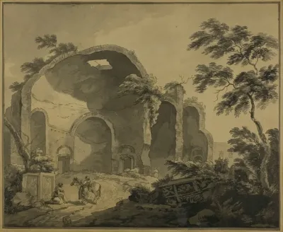 Roman Ruins With Two Peasants Conversing In The Foreground