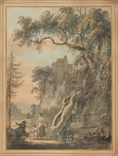 Romantic Landscape Peasants At The Foot Of A Castle On A Crag