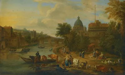 Rome A Capriccio View Of The Tiber With The Castel Santangelo Peasants With Their Cattle On The River Banks