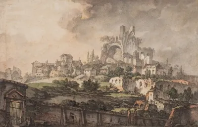 Romersk Prospekt Med Mur I Forgrunden Kirke Og Ruin I Baggrunden