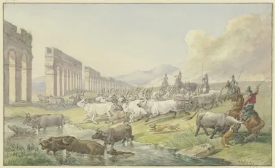 Romische Bauern Treiben Eine Herde Ochsen Und Buffel Durchs Wasser
