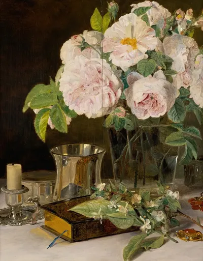 Rosen Im Glas Stilleben Mit Rosen Leuchter Und Silbernem Becher