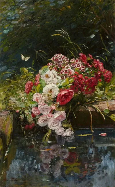 Rosen Und Bartnelken Am Brunnenrand