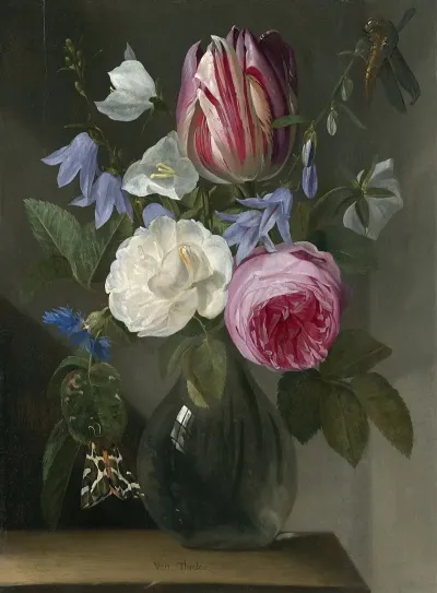 Roses And A Tulip In A Glass Vase