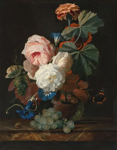 Roses Columbine And Poppies In A Glass Vase On A Marble Ledge With Some Grapes