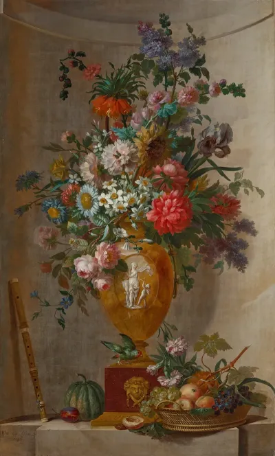 Roses Mums Lilac A Sunflower An Iris And Other Flowers In A Sculpted Vase A Basket Of Fruit And A Recorder