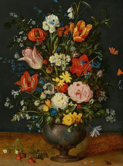 Roses Parrot Tulips Narcissi A Lily A Delphinium Borage Moss Roses Forget Me Nots Viola And Other Flowers In A Pewter Vase