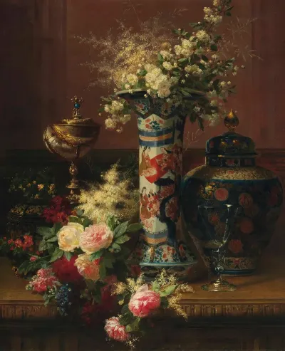 Roses Peonies And Forget Me Nots In A Japanese Vase