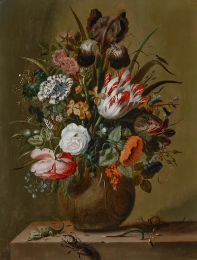 Roses Tulips An Iris And Other Flowers In A Stoneware Vase On A Ledge With A Lizard Stag Beetle And Snail