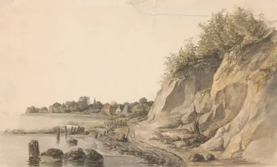 Rotsachtige Rivieroever Met Op De Achtergrond Enkele Huizen