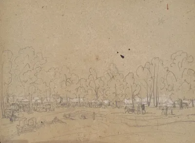Rough Sketch Of A Gathering In The Woods With Carts And Wagons And Many Cabins Or Tents Beneath The Trees