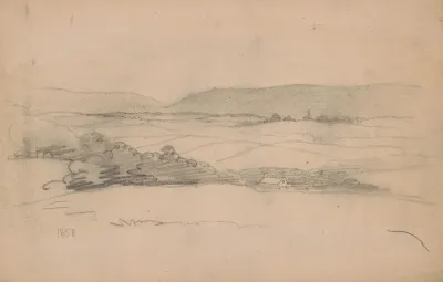 Rough Sketch Of Landscape With Hills Fields Trees And The Roof Of A House