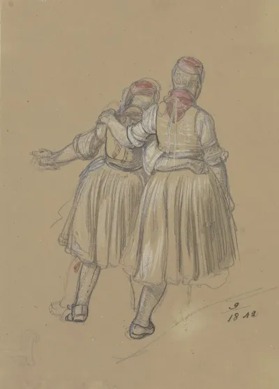 Ruckenansicht Zweier Nebeneinander Gehender Madchen In Hessischer Tracht
