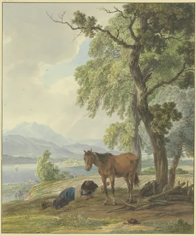 Ruhender Bauer Mit Seinem Pferd Neben Dem Gepflugten Acker