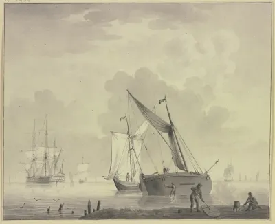 Ruhige See Mit Schiffen Vorne Rechts Sind Matrosen Mit Dem Teeren Eines Schiffes Beschaftigt