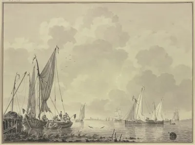 Ruhige See Mit Vielen Schiffen Links An Einem Damm Eine Barke Und Boot Rechts Eine Barke