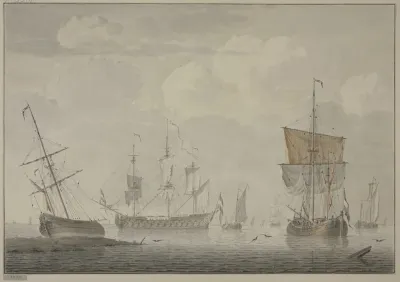 Ruhige See Mit Vielen Schiffen Links Liegt Ein Schiff Auf Dem Strand