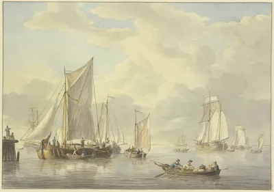 Ruhige See Mit Vielen Schiffen Vorne Ein Boot Mit Drei Ruderern Und Einer Frau