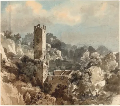 Ruins Of A Fortified Tower Among Wooded Hills