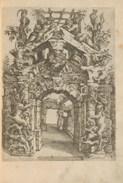 Ruins Of A Gate With Deer Dogs Lions Birds Squirrels Bats Bears Reptiles Goats And A Man And Woman